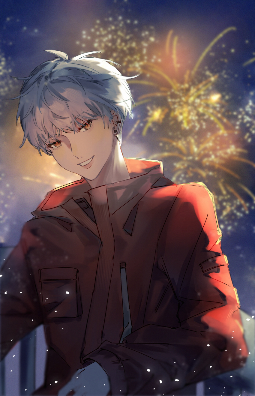 1girl absurdres animification apex_legends brown_eyes chinese_commentary earrings fireworks grey_hair hebaodan_yao_chi_tang_xin_de highres jacket jewelry light_particles looking_to_the_side night night_sky parted_lips pink_lips red_jacket short_hair sky smile solo upper_body valkyrie_(apex_legends)