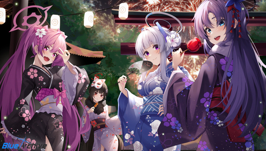 4girls absurdres aerial_fireworks black_hair black_kimono blue_archive blue_eyes blue_kimono blush candy_apple closed_mouth commentary fang fireworks flower food fox_mask grey_hair grey_kimono hair_flower hair_ornament hairpin halo hand_fan hidel highres holding holding_fan holding_food japanese_clothes kimono koyuki_(blue_archive) long_hair long_sleeves mask mask_on_head mechanical_halo multiple_girls noa_(blue_archive) obi open_mouth paper_fan pink_eyes pink_hair pink_halo purple_hair purple_kimono red_eyes rio_(blue_archive) sash seminar_(blue_archive) skin_fang smile symbol-only_commentary torii twintails uchiwa v violet_eyes white_flower wide_sleeves yuuka_(blue_archive)