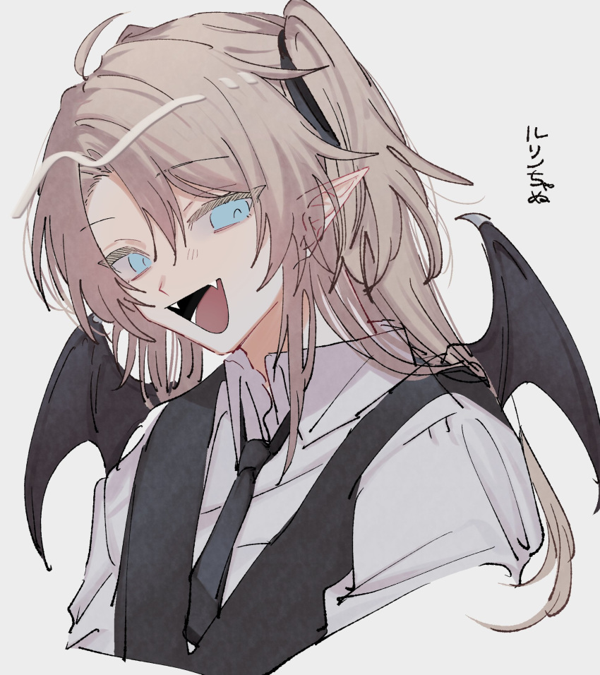 1girl ahoge black_necktie black_vest blue_eyes brown_hair character_name collared_shirt commentary cropped_torso dress_shirt fangs hair_between_eyes highres hirako_daishougun link!_like!_love_live! long_hair looking_at_viewer love_live! necktie open_mouth osawa_rurino pointy_ears shirt solo translated two_side_up upper_body vest wings