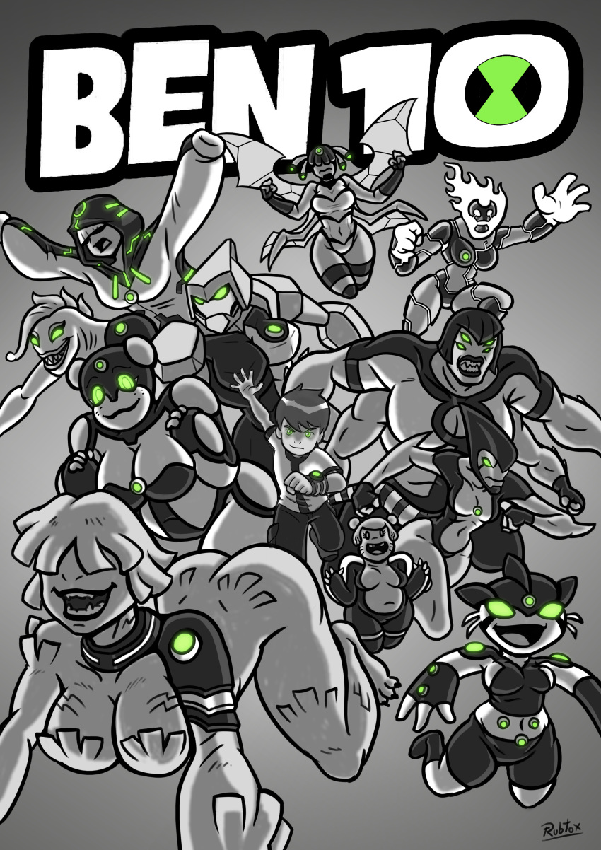 1boy 6+girls absurdres alien alternate_design animification ben_10 ben_tennyson breasts brown_hair character_request colored_skin cyberspace diamondhead extra_arms extra_eyes fiery_hair fins fire four_arms genderswap genderswap_(mtf) gray_matter green_eyes green_hair green_light green_pupils greyscale head_fins heatblast highres hijab humanization large_breasts large_hands medium_breasts monochrome multiple_girls omnitrix orange_hair red_skin ripjaw rubtox shirt short_hair small_breasts smile stinkfly toon_(style) upgrade_(ben_10) wildmutt xlr8