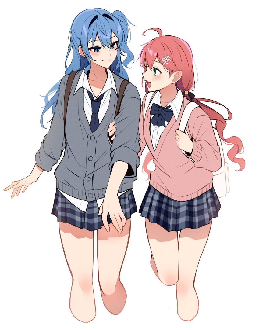 2girls absurdres ahoge alternate_costume backpack bag blue_bow blue_bowtie blue_eyes blue_hair blue_necktie bow bowtie cardigan closed_mouth collared_shirt cropped_legs dress_shirt feet_out_of_frame green_eyes grey_cardigan grey_skirt hair_between_eyes hand_on_another's_arm highres holding_strap hololive hoshimachi_suisei long_hair long_sleeves looking_at_another low_twintails miniskirt moonbell multiple_girls necktie open_mouth pink_hair pink_sweater plaid plaid_skirt pleated_skirt sakura_miko school_uniform shirt side_ponytail sidelocks simple_background skirt sleeves_past_elbows smile standing standing_on_one_leg sweater twintails virtual_youtuber white_background white_bag white_shirt