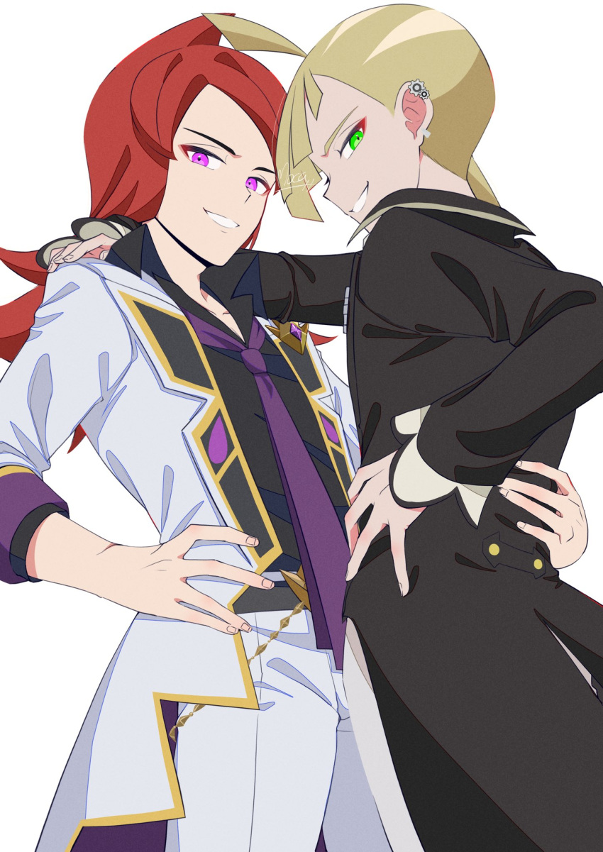 2boys black_coat black_shirt blonde_hair buttons coat collared_shirt commentary_request gladion_(pokemon) gladion_(sygna_suit)_(pokemon) green_eyes grin hand_on_own_hip highres long_hair long_sleeves looking_down male_focus mocacoffee_1001 multiple_boys necktie official_alternate_costume open_clothes open_coat pants pink_eyes pokemon pokemon_masters_ex purple_necktie redhead shirt silver_(champion)_(pokemon) silver_(pokemon) smile teeth white_coat white_pants