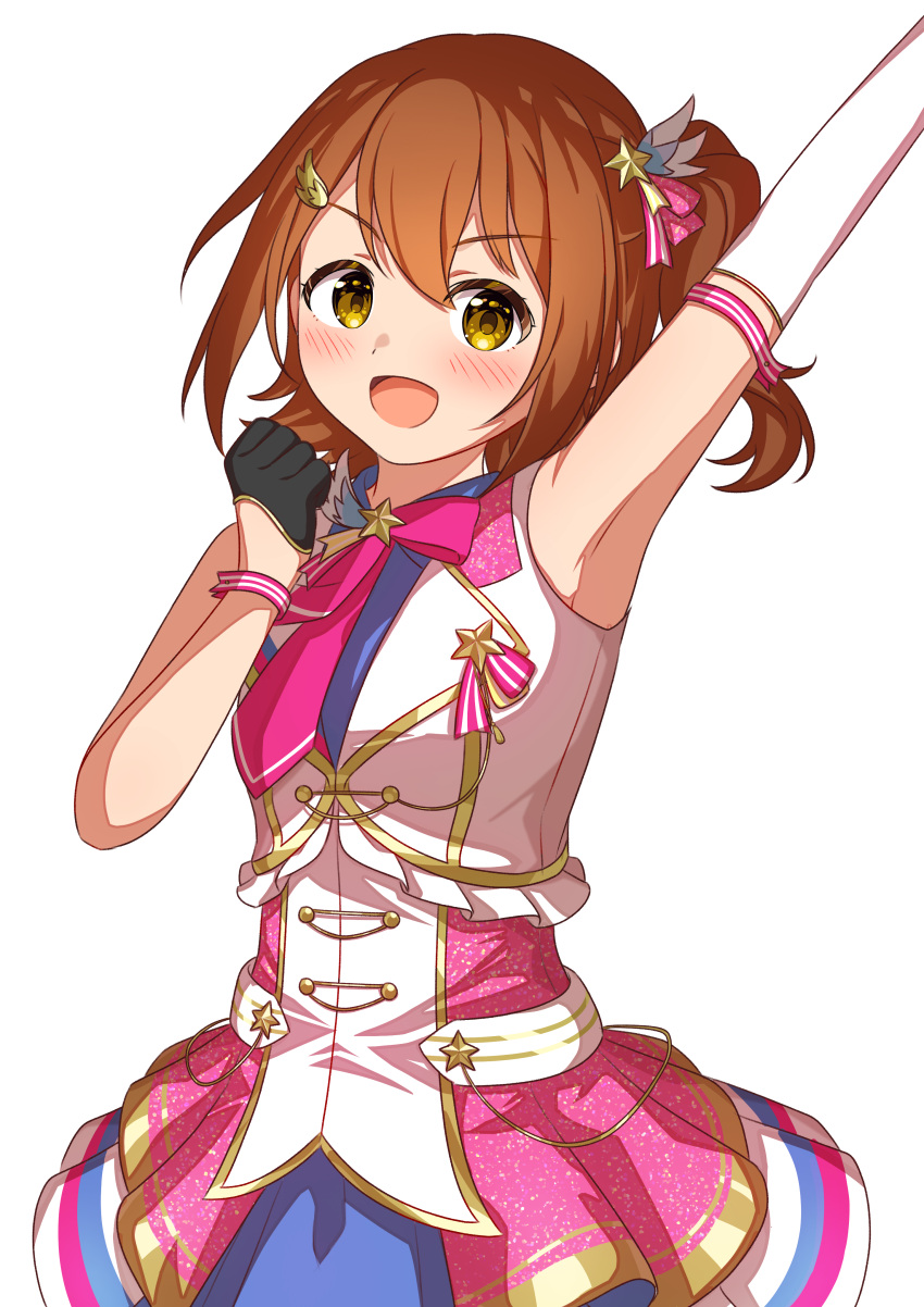 1girl absurdres akatsuki_(artakatuki) arm_up armpits bare_shoulders black_gloves blush bow breasts brown_eyes brown_hair clenched_hand dot_nose dress elbow_gloves feather_hair_ornament feathers gloves hair_bow hair_ornament hair_ribbon hairclip half_gloves hand_up highres idolmaster idolmaster_million_live! idolmaster_million_live!_theater_days kasuga_mirai looking_at_viewer medium_breasts necktie one_side_up open_mouth pink_dress pink_necktie pink_ribbon ribbon short_hair side_ponytail simple_background single_elbow_glove single_half_glove smile solo star_(symbol) star_hair_ornament upper_body v-shaped_eyebrows white_background white_gloves yellow_eyes