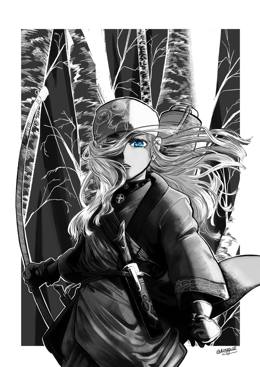 1girl absurdres ainu ainu_clothes asirpa blue_eyes bow_(weapon) choker cowboy_shot dctroo_08 floating_hair gloves golden_kamuy greyscale hair_over_one_eye headband highres holding holding_bow_(weapon) holding_weapon knife long_hair long_sleeves looking_at_viewer monochrome one_eye_covered partially_colored signature solo tree twitter_username weapon