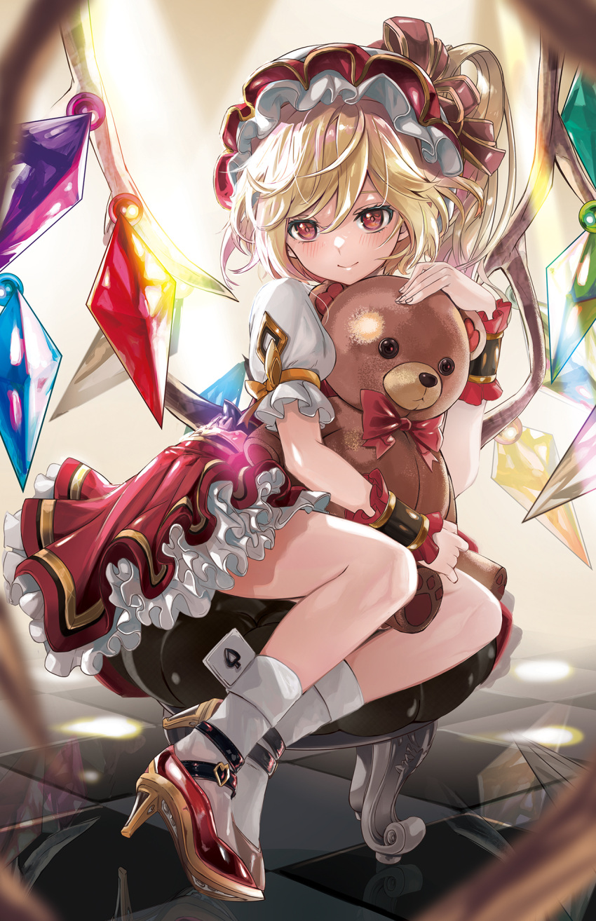 1girl ascot bat_wings blonde_hair blush crystal flandre_scarlet hat hat_ribbon highres holding holding_stuffed_toy l.f. long_hair looking_at_viewer mob_cap multicolored_wings multiple_girls open_mouth puffy_short_sleeves puffy_sleeves red_eyes red_skirt red_vest ribbon shirt short_hair short_sleeves side_ponytail skirt skirt_set smile solo stuffed_animal stuffed_toy teddy_bear touhou vest white_headwear wings yellow_ascot