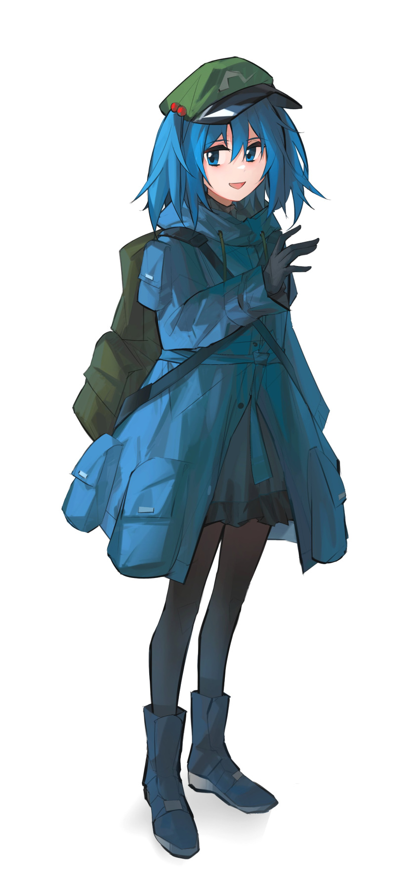 1girl absurdres aesur_a backpack bag black_gloves blue_footwear blue_jacket flat_cap full_body gloves green_headwear hat highres jacket kawashiro_nitori long_sleeves looking_at_viewer pocket simple_background solo touhou twintails white_background