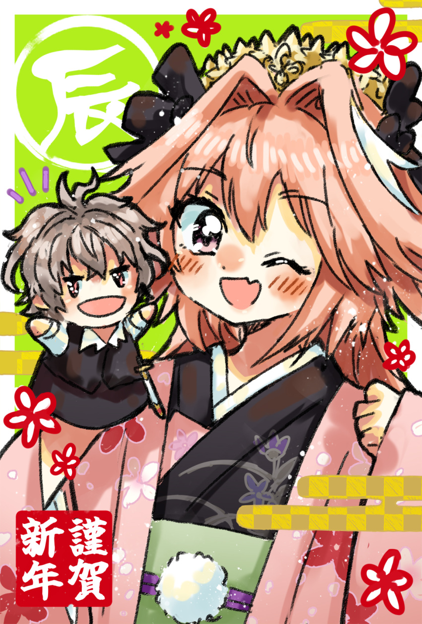 1boy ahoge arms_up astolfo_(fate) astolfo_(the_princess'_pilgrimage)_(fate) black_bow black_kimono black_vest blush bow clenched_hand fang fate/apocrypha fate/grand_order fate_(series) floral_print_kimono flower hair_between_eyes hair_bow hair_intakes head_wreath highres japanese_clothes kimono long_hair male_focus messy_hair multicolored_hair one_eye_closed open_mouth otoko_no_ko pink_hair pink_kimono red_eyes red_flower sieg_(fate) skin_fang smile sock_puppet streaked_hair sushineta two-tone_hair vest violet_eyes waistcoat yellow_flower