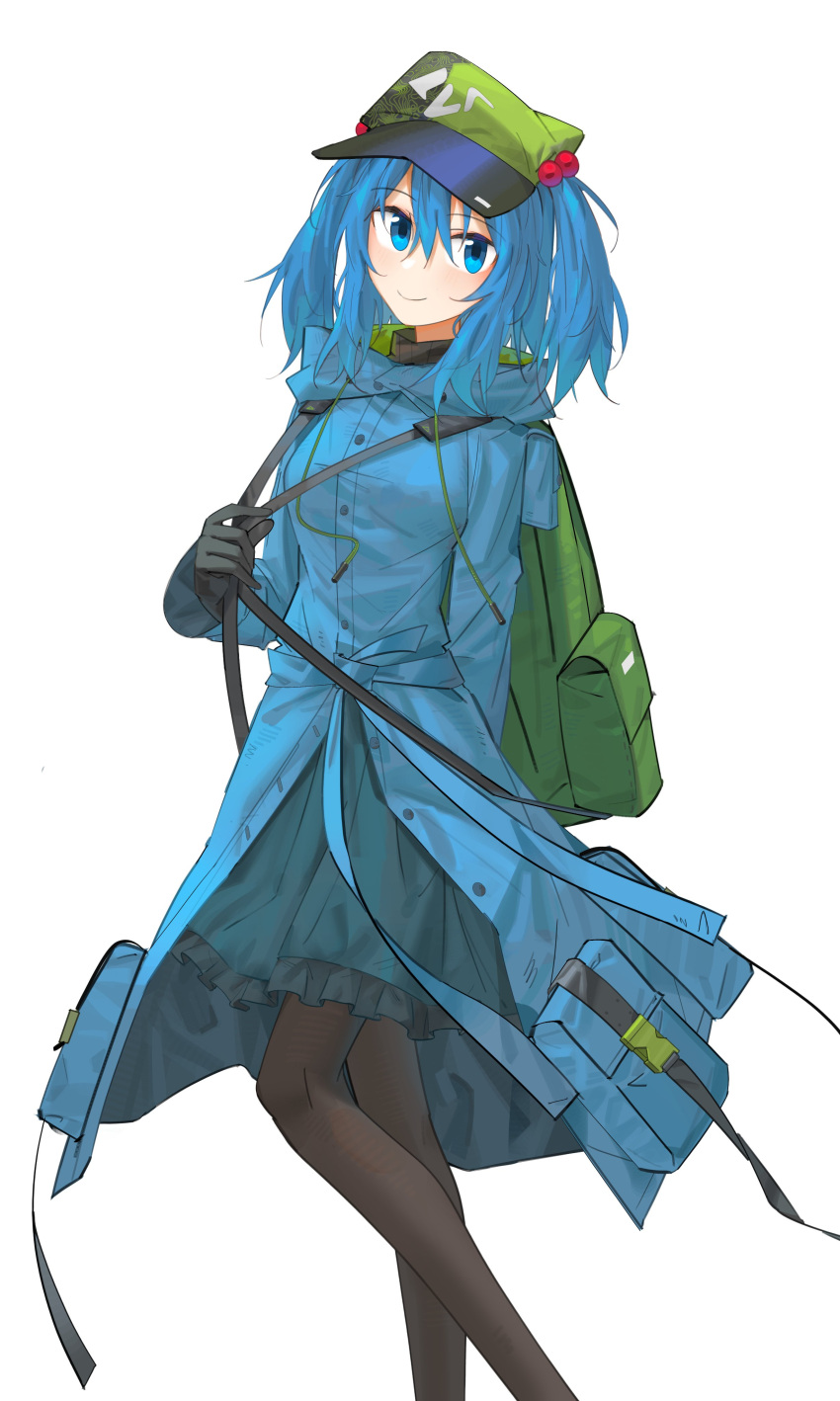 1girl absurdres aesur_a backpack bag black_gloves black_pantyhose blue_dress blue_eyes blue_hair closed_mouth dress flat_cap gloves green_headwear hair_bobbles hair_ornament hat highres kawashiro_nitori looking_at_viewer pantyhose pocket short_hair simple_background smile solo touhou twintails two_side_up white_background