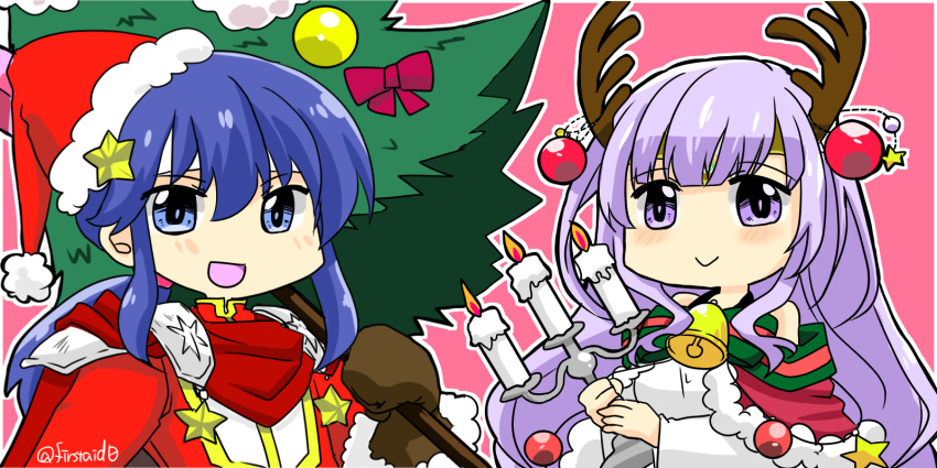 1boy 1girl alternate_costume antlers blue_hair brother_and_sister candle christmas_ornaments circlet deer_antlers fire_emblem fire_emblem:_genealogy_of_the_holy_war hat headband highres holding holding_candle holding_christmas_tree horns julia_(fire_emblem) long_hair open_mouth purple_hair santa_costume santa_hat seliph_(fire_emblem) siblings simple_background smile violet_eyes white_headband yukia_(firstaid0)