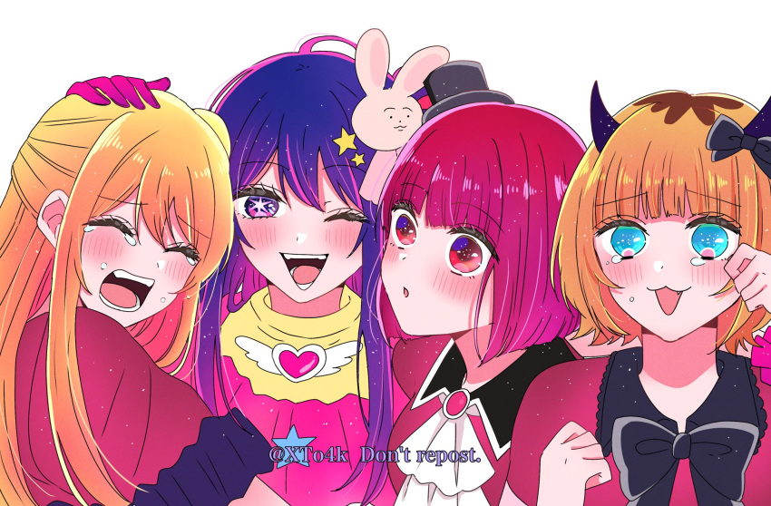 4girls :3 ;d alternate_universe arima_kana arm_up ascot black_bow black_bowtie black_headwear blonde_hair blue_eyes blunt_bangs blush bob_cut bow bowtie breasts brooch brown_hair closed_eyes collared_shirt crying curled_fingers demon_horns double-parted_bangs dress eyelashes facing_to_the_side facing_viewer fang furrowed_brow gloves hair_between_eyes hair_bow hair_ornament hand_on_another's_head hand_up hat heart heart_brooch highres horns hoshino_ai_(oshi_no_ko) hoshino_ruby jewelry long_bangs long_hair looking_ahead memcho mini_hat mother_and_daughter multicolored_clothes multicolored_dress multicolored_hair multiple_girls one_eye_closed one_side_up oshi_no_ko parted_lips purple_dress purple_gloves purple_hair purple_shirt rabbit_hair_ornament roots_(hair) shirt short_hair short_sleeves smile star-shaped_pupils star_(symbol) star_hair_ornament symbol-shaped_pupils tears teeth time_paradox top_hat triangle_mouth turning_head twitter_username two-tone_hair violet_eyes white_ascot white_background wing_brooch winged_heart wiping_tears xto4k yellow_dress