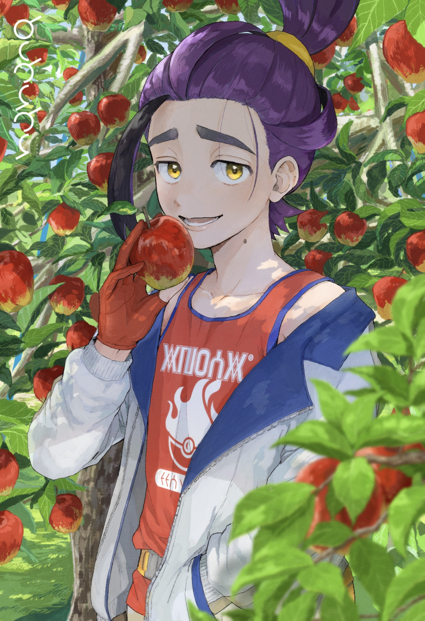 apple black_hair blurry blurry_foreground food fruit hand_in_pocket highres holding holding_food holding_fruit jacket kieran_(pokemon) leaf long_sleeves looking_at_viewer male_focus mole mole_on_neck off_shoulder open_clothes open_jacket open_mouth orange_eyes pokemon pokemon_sv purple_hair red_tank_top solo tank_top tree ugo0 white_jacket