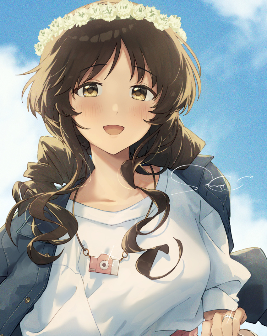 1girl aged_up blush brown_hair collarbone denim denim_jacket glint head_wreath highres idolmaster idolmaster_cinderella_girls jacket jacket_on_shoulders jewelry looking_at_viewer outdoors ring sanpo_(sanpo_1027) shirt signature smile solo takamori_aiko upper_body wedding_ring white_shirt