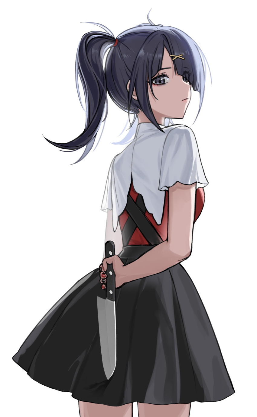 1girl absurdres ame-chan_(needy_girl_overdose) an_mu arm_behind_back black_hair black_nails black_skirt breasts closed_mouth collared_shirt commission cowboy_shot from_behind grey_eyes hair_ornament hair_over_one_eye highres holding holding_knife knife long_hair looking_at_viewer looking_back nail_polish needy_girl_overdose red_nails red_shirt shirt simple_background skirt small_breasts solo standing suspender_skirt suspenders twintails white_background x_hair_ornament