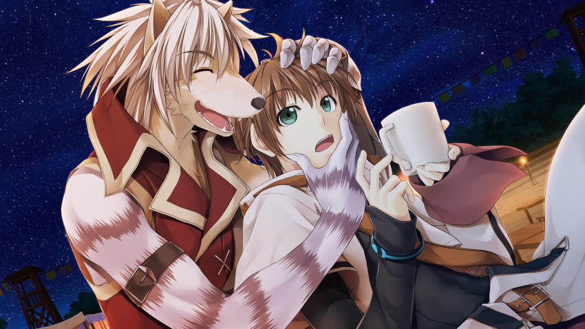 2boys ^_^ alto_travers animal_ears animal_hands atelier-moo belt brown_hair closed_eyes cup dog_boy dog_ears dog_nose fang furry green_eyes hair_between_eyes highres holding holding_cup long_sleeves multiple_boys night night_sky open_mouth short_hair sky smile star_(sky) starry_sky volk_dartfang wizards_symphony wolf_boy