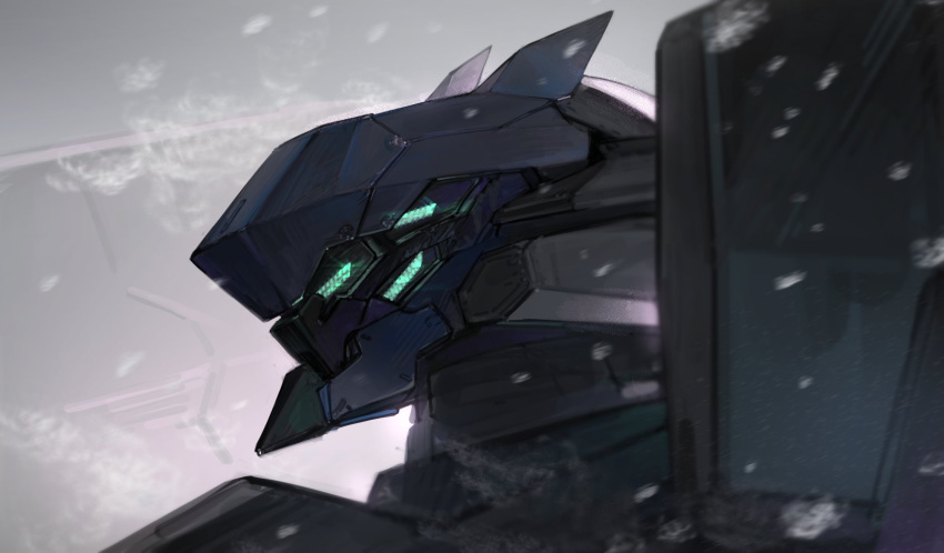 armored_core armored_core_6 extra_eyes green_eyes highres mecha mecha_focus no_humans portrait profile riio robot science_fiction steel_haze_ortus white_background