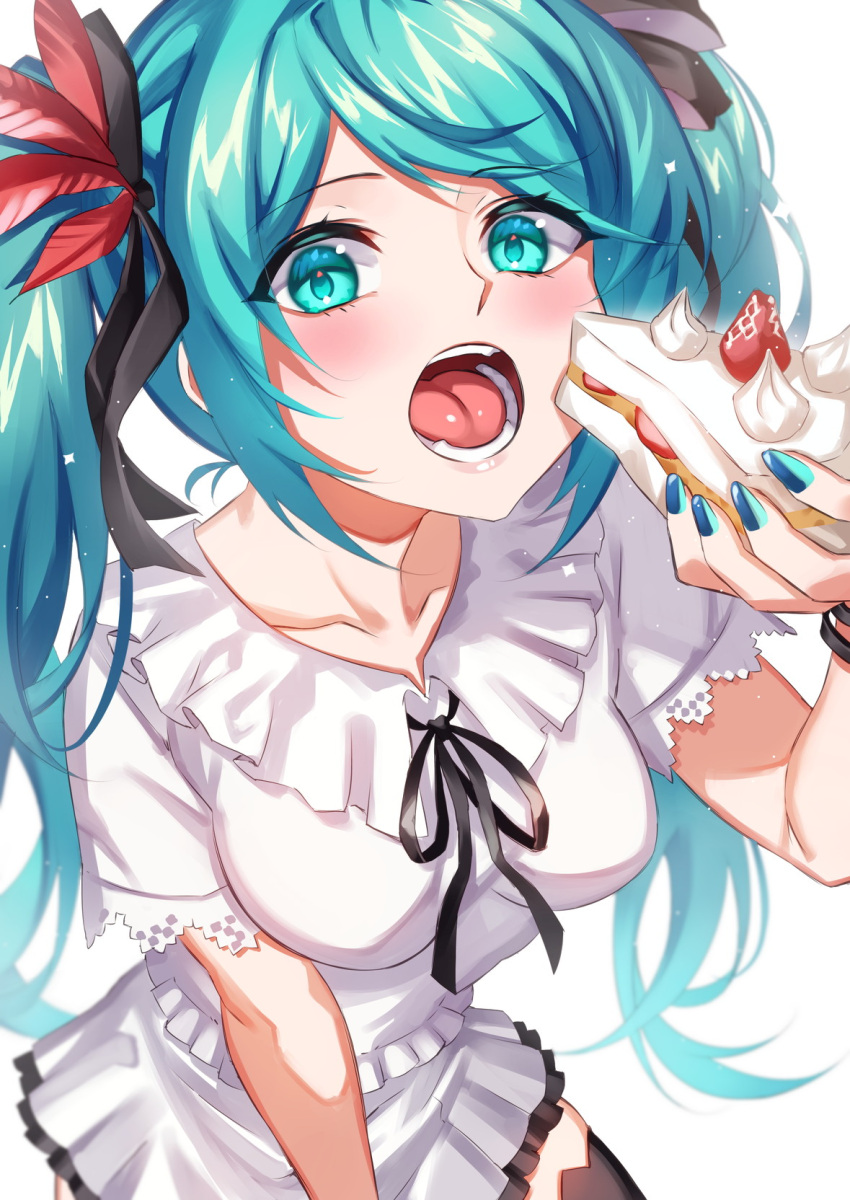 1girl aqua_eyes aqua_hair black_ribbon black_thighhighs blush breasts cake cake_slice collarbone dress dutch_angle eating feathers food frilled_dress frills from_above hatsune_miku highres holding holding_food inue_ao long_hair looking_at_viewer medium_breasts nail_polish open_mouth red_feathers ribbon short_sleeves simple_background solo supreme_(module) thigh-highs twintails vocaloid wavy_hair white_background white_dress world_is_mine_(vocaloid)