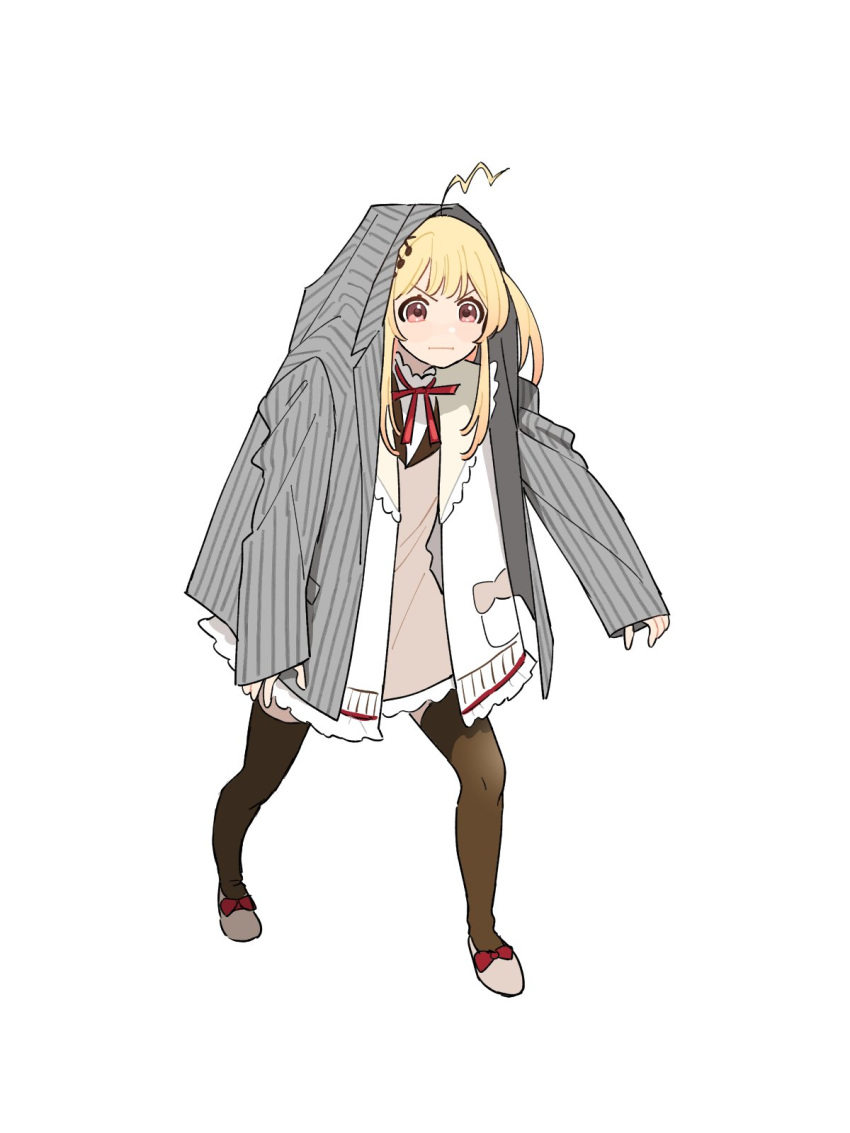 blonde_hair blush borrowed_clothes brown_dress brown_thighhighs coat coat_on_head commentary dress embarrassed grey_coat highres hiodoshi_ao hololive hololive_dev_is jacket kiyama_g long_hair neck_ribbon one_side_up otonose_kanade oversized_clothes red_eyes ribbon simple_background symbol-only_commentary thigh-highs v-shaped_eyebrows virtual_youtuber white_background white_jacket zettai_ryouiki