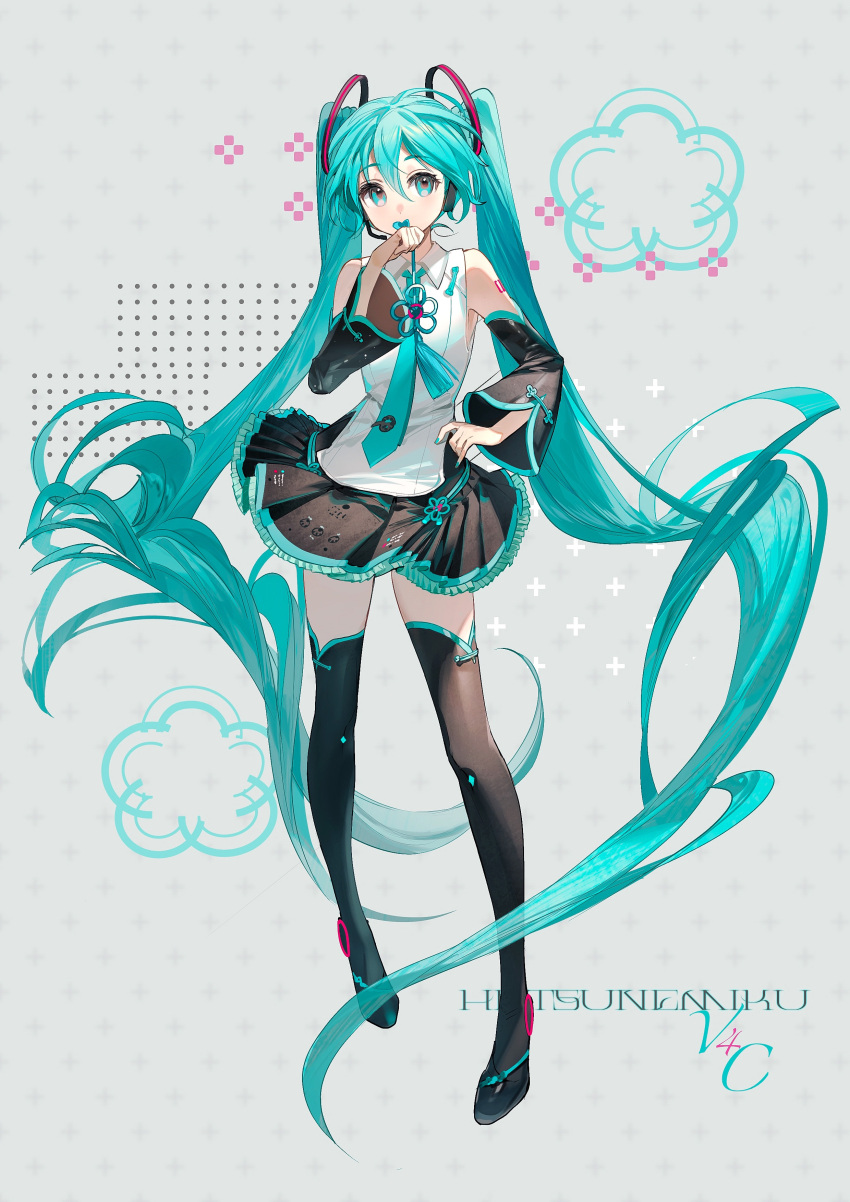 1girl absurdres blue_eyes blue_hair character_name commentary detached_sleeves hair_between_eyes hatsune_miku hatsune_miku_(vocaloid4)_(chinese) highres long_hair looking_at_viewer miniskirt necktie rumoon skirt solo thigh-highs twintails very_long_hair vocaloid zettai_ryouiki