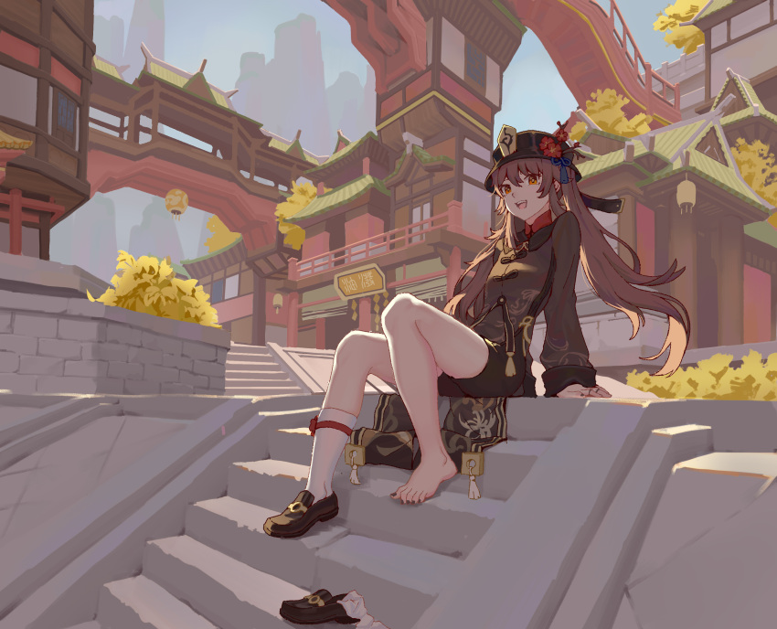 1girl :d absurdres architecture bare_legs barefoot black_footwear black_headwear black_nails black_shorts brown_hair building chinese_clothes day east_asian_architecture feet flower flower-shaped_pupils full_body genshin_impact hat hat_flower highres hu_tao_(genshin_impact) legs liyue_harbor loafers long_hair long_sleeves looking_at_viewer nail_polish open_mouth outdoors porkpie_hat red_eyes shade shoes short_shorts shorts single_shoe sitting sitting_on_stairs smile socks solo stairs stone_stairs symbol-shaped_pupils teeth toenail_polish toenails toes twintails unworn_shoes unworn_socks upper_teeth_only white_socks youpofen