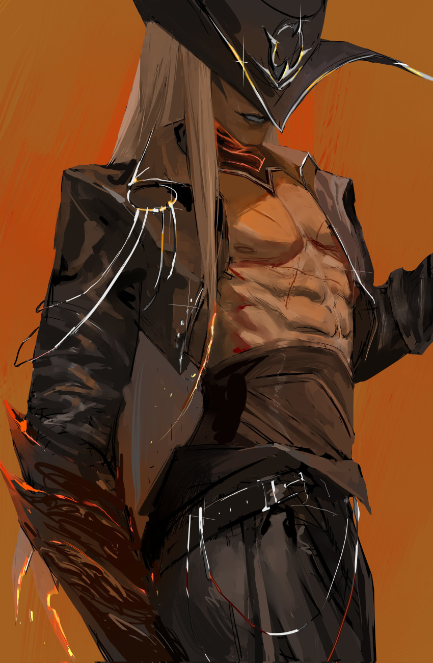 1boy abs absurdres arm_up belt black_jacket black_pants blonde_hair covered_eyes cowboy_hat cowboy_shot cropped_jacket from_side hat hat_over_eyes high_noon_(league_of_legends) high_noon_yone highres jacket league_of_legends leather leather_jacket long_hair long_sleeves muscular muscular_male nipples open_clothes open_jacket orange_background pants parted_lips pectorals rrrr46621358 simple_background solo straight_hair twisted_torso yone_(league_of_legends)