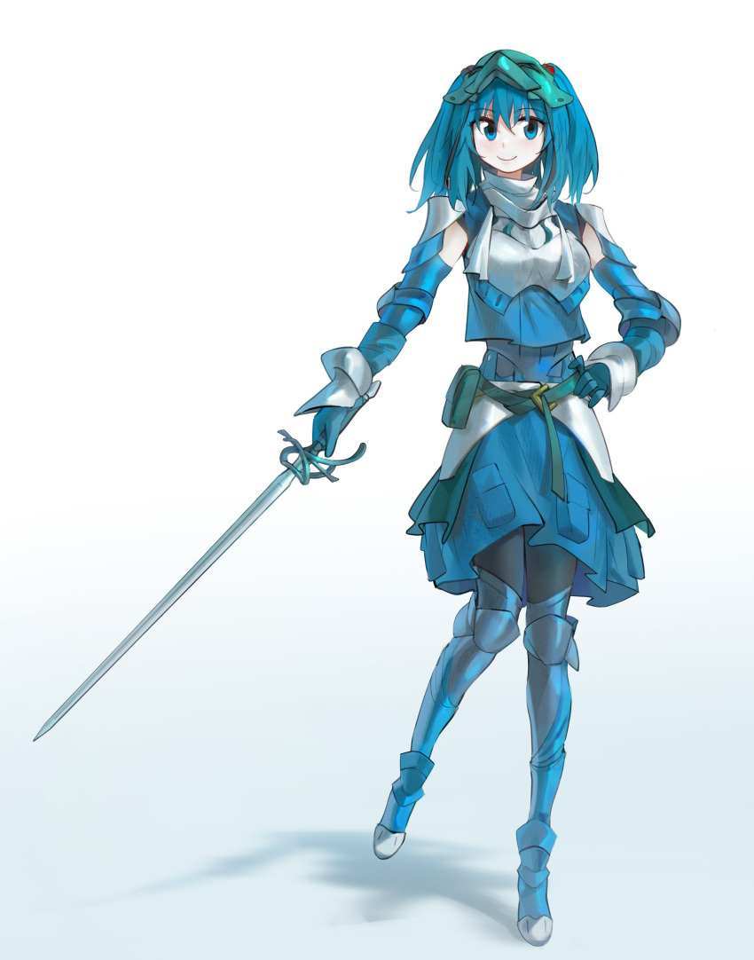 1girl absurdres adapted_costume aesur_a armor blue_eyes blue_hair breastplate commentary full_body gradient_background hair_bobbles hair_ornament hand_on_own_hip highres holding holding_sword holding_weapon kawashiro_nitori knight mask mask_on_head pocket short_hair shoulder_armor solo sword touhou twintails two_side_up weapon white_background