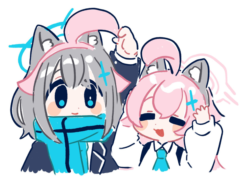 2girls ahoge animal_ears arms_up blue_archive blue_eyes blue_halo blue_scarf blush_stickers chest_harness closed_eyes closed_mouth collared_shirt commentary_request cross cross_hair_ornament fake_animal_ears grey_hair hair_flaps hair_ornament halo harness highres hoshino_(blue_archive) huge_ahoge inverted_cross kokumosu long_hair long_sleeves multiple_girls open_mouth pink_hair pink_halo scarf shiroko_(blue_archive) shirt short_hair simple_background upper_body white_background white_shirt wolf_ears wolf_girl