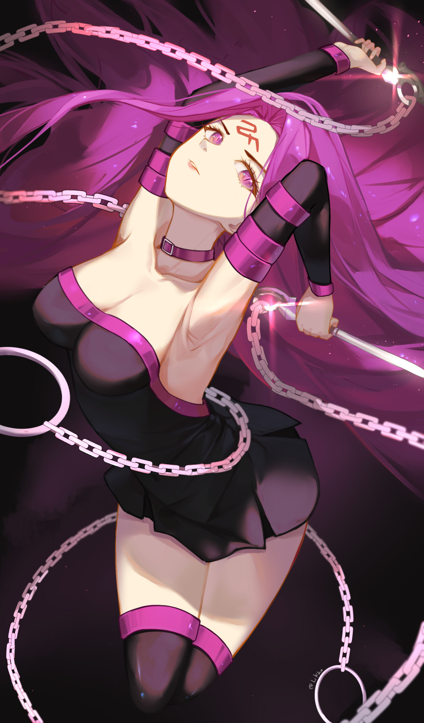 1girl absurdres breasts chain facial_mark fate/stay_night fate_(series) forehead forehead_mark highres large_breasts li_kha medusa_(fate) medusa_(rider)_(fate) nameless_dagger_(fate) purple_hair slit_pupils solo type-moon violet_eyes