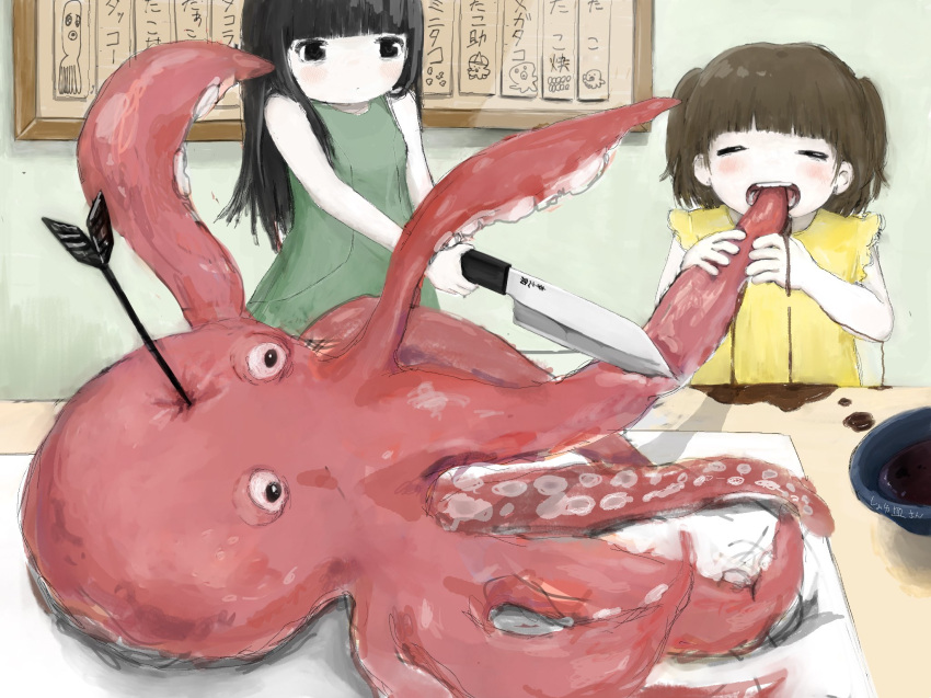2girls arrow_(projectile) bare_arms black_eyes black_hair blunt_bangs blush bowl breasts brown_hair child closed_eyes cutting_board dress eating green_dress highres holding holding_knife indoors ink knife long_hair multiple_girls octopus open_mouth original shirt short_hair sleeveless small_breasts smile teeth two_side_up yaezome yellow_dress yellow_shirt