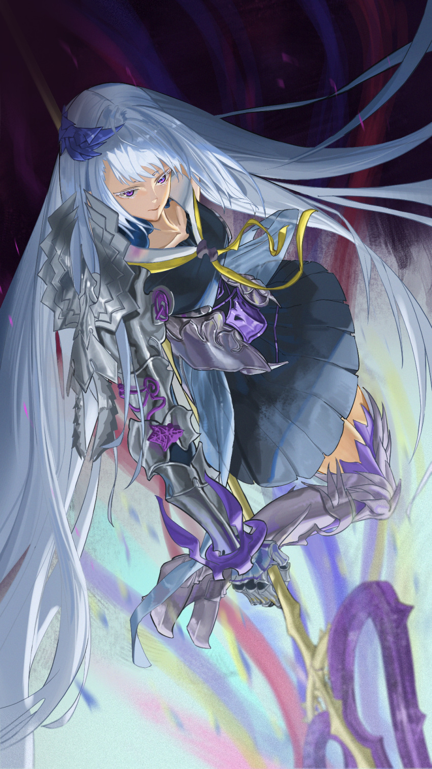 1girl arm_armor armored_boots asymmetrical_bangs black_dress boots brynhildr_(fate) brynhildr_romantia collarbone dress expressionless fate/grand_order fate_(series) fi_ao highres holding holding_polearm holding_weapon long_hair pleated_skirt polearm sailor_collar skirt solo very_long_hair violet_eyes weapon