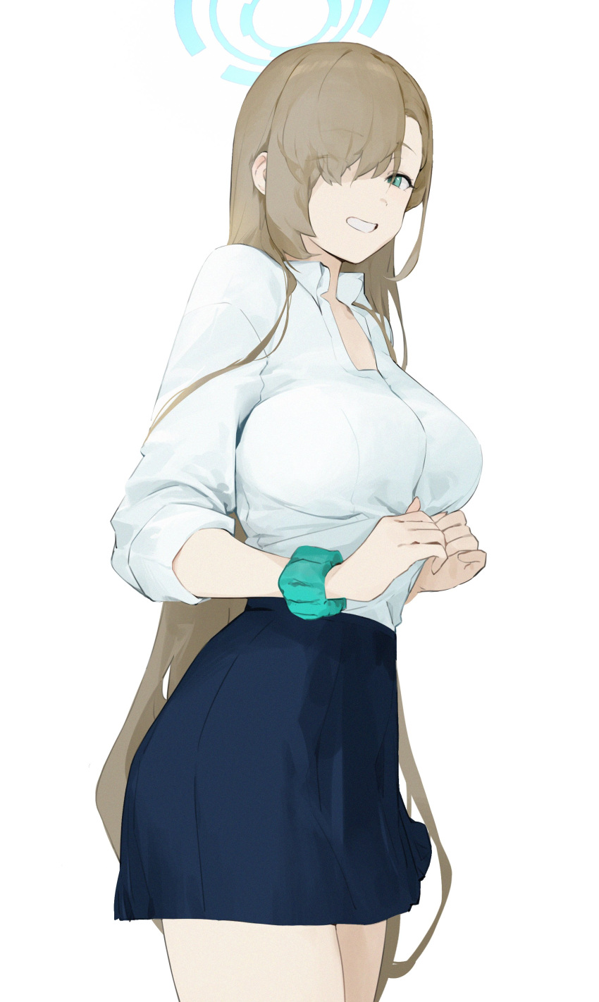 1girl absurdres aqua_scrunchie asuna_(blue_archive) blue_archive blue_eyes blue_halo blue_skirt breasts collared_shirt dokshuri grin hair_over_one_eye halo highres light_brown_hair long_hair own_hands_together partially_unbuttoned pleated_skirt school_uniform scrunchie shirt skirt sleeves_rolled_up smile solo very_long_hair white_background white_shirt wrist_scrunchie