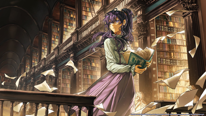 1girl asahina_mafuyu book bookshelf closed_mouth copyright_notice frilled_shirt frilled_shirt_collar frilled_sleeves frills green_shirt highres holding holding_book indoors ireland ladder library light_particles long_hair long_skirt long_sleeves looking_afar lux_arts open_book paper pillar project_sekai purple_hair purple_skirt real_world_location scenery shirt skirt smile solo standing suspender_skirt suspenders violet_eyes