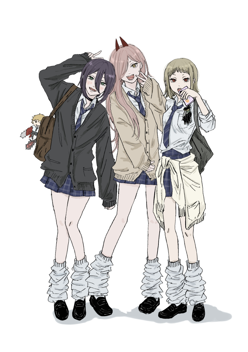 3girls absurdres bag black_hair blonde_hair breasts brown_eyes cardigan cardigan_around_waist cellphone chainsaw_man character_doll charm_(object) clothes_around_waist commentary_request cross-shaped_pupils denji_(chainsaw_man) diagonal-striped_clothes diagonal-striped_necktie green_eyes gyaru hair_between_eyes hair_over_one_eye highres holding holding_bag holding_phone horns iing_naoe katana_man_(chainsaw_man) loose_necktie loose_socks medium_breasts multiple_girls necktie phone pink_hair plaid plaid_skirt power_(chainsaw_man) red_horns revision reze_(chainsaw_man) sawatari_akane_(chainsaw_man) school_bag school_uniform skirt sleeves_past_wrists sleeves_rolled_up smartphone socks striped_clothes symbol-shaped_pupils v yellow_eyes