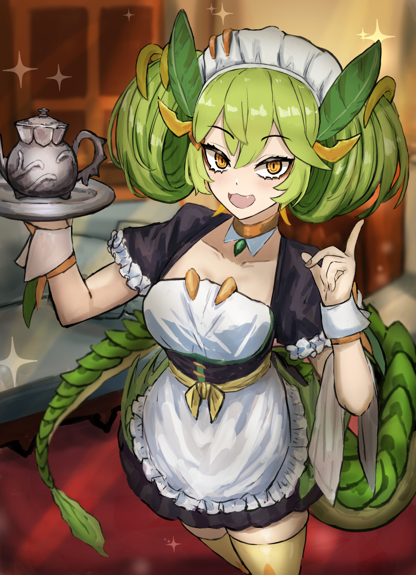 1girl absurdres adeshi_(adeshi0693119) apron blurry blurry_background cowboy_shot detached_collar dragon_girl duel_monster fang green_hair highres holding maid maid_headdress open_mouth parlor_dragonmaid short_hair short_twintails solo sparkle twintails yellow_eyes yu-gi-oh!
