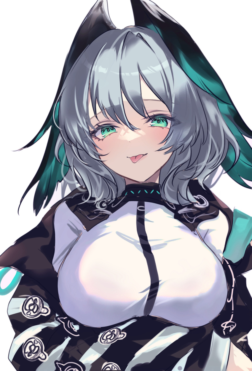 1girl aqua_eyes arknights breasts coat dress grey_hair hair_between_eyes head_wings highres ho'olheyak_(arknights) jacket large_breasts long_hair long_sleeves looking_at_viewer raramente simple_background smile solo striped_clothes striped_jacket tongue tongue_out white_dress wings