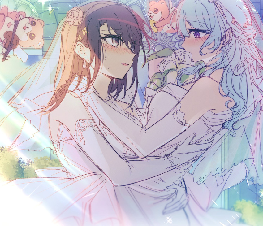 2girls bang_dream! black_hair blue_hair blush bouquet breasts bridal_veil cherub commentary_request covered_mouth dress elbow_gloves eye_contact flower gloves grey_eyes hair_flower hair_ornament hand_on_another's_shoulder hands_on_another's_back highres holding holding_bouquet hug korean_commentary lace-trimmed_dress lace-trimmed_gloves lace_trim light_particles light_rays long_hair looking_at_another matsubara_kanon medium_breasts medium_hair michelle_(bang_dream!) multiple_girls nose_blush okusawa_misaki opi parted_bangs parted_lips rose sidelocks sleeveless sleeveless_dress strapless strapless_dress veil violet_eyes wedding wedding_dress white_dress white_flower white_gloves white_rose yuri