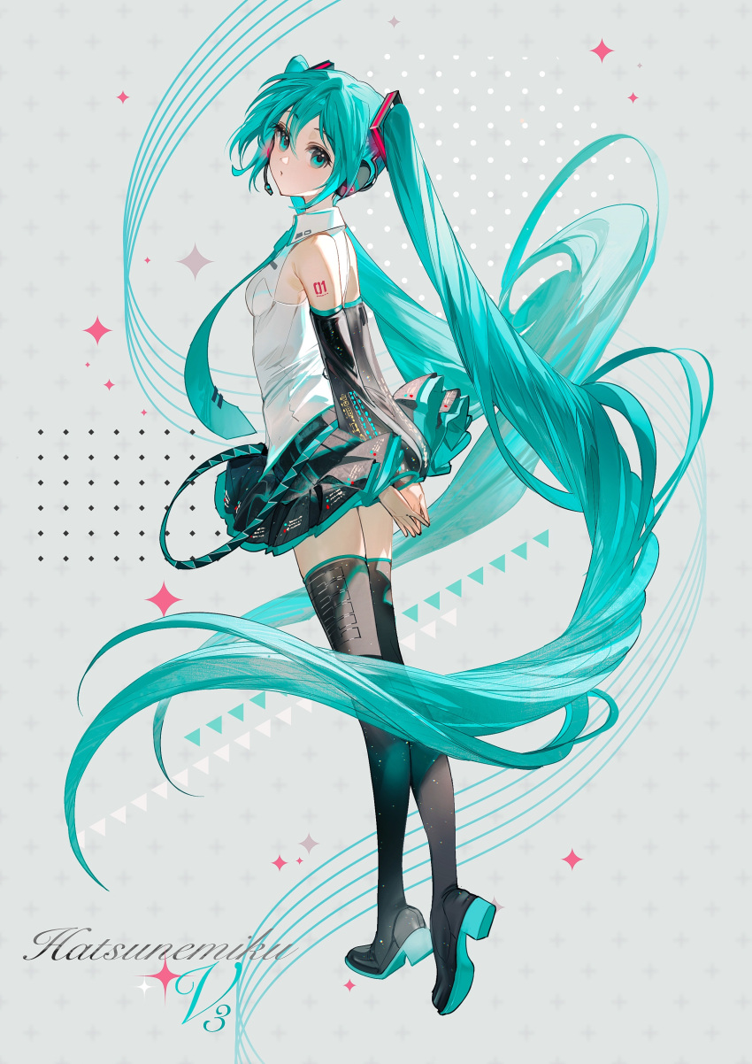 1girl absurdres aqua_eyes aqua_hair aqua_necktie arm_tattoo arms_behind_back bare_shoulders black_footwear black_skirt black_sleeves blue_trim boots breasts character_name chromatic_aberration collared_shirt commentary detached_sleeves english_text from_side full_body grey_background hair_ornament hatsune_miku hatsune_miku_(vocaloid3) headset highres layered_skirt long_hair long_sleeves looking_at_viewer looking_to_the_side miniskirt necktie number_tattoo own_hands_together parted_lips pleated_skirt polka_dot puffy_long_sleeves puffy_sleeves rumoon see-through see-through_sleeves shirt simple_background skirt sleeveless sleeveless_shirt small_breasts solo standing star_(symbol) tattoo thigh_boots tiptoes twintails very_long_hair vocaloid white_shirt zettai_ryouiki