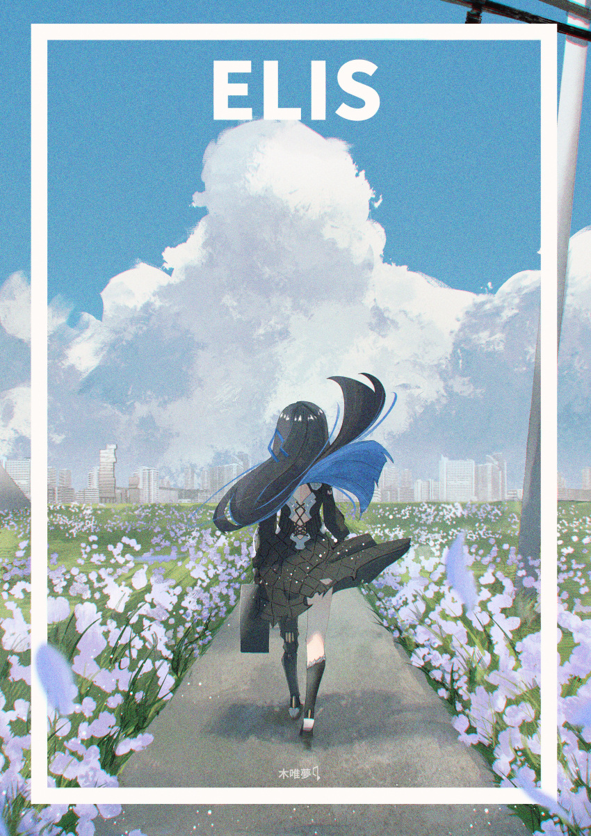 1girl absurdres backless_dress backless_outfit black_dress black_footwear black_hair blue_hair cityscape clouds colored_inner_hair dress english_commentary field flower flower_field from_behind full_body highres instrument_case long_hair mechanical_legs multicolored_hair punishing:_gray_raven puyuyan scenery selena:_tempest_(punishing:_gray_raven) selena_(punishing:_gray_raven) single_mechanical_leg sky solo
