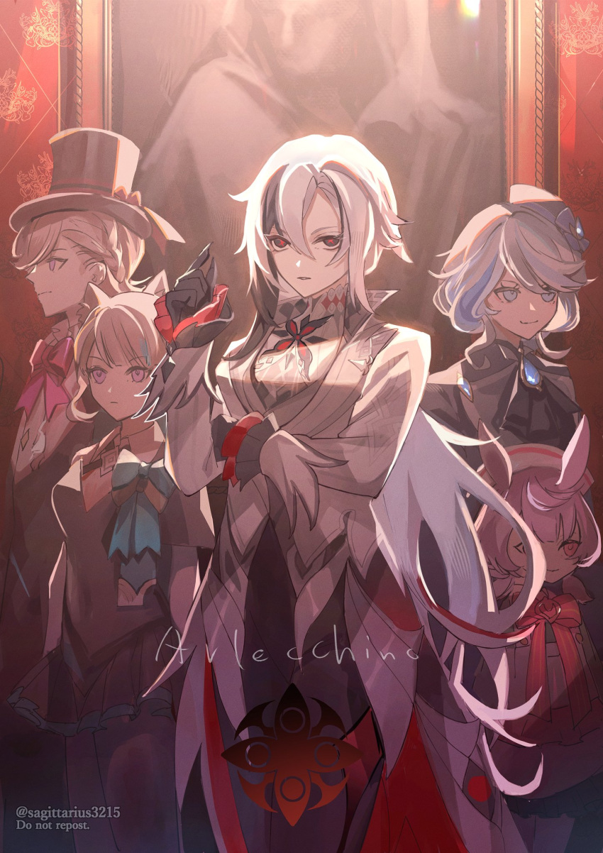 1boy 4girls animal_ears arlecchino_(genshin_impact) ascot black_ascot black_dress black_eyes black_hair black_headwear bow bowtie brooch brother_and_sister cat_ears character_name coat commentary_request dress furina_(genshin_impact) genshin_impact grey_coat grey_hair hat highres indoors jewelry kukatsuma long_sleeves looking_at_viewer lynette_(genshin_impact) lyney_(genshin_impact) multicolored_hair multiple_girls painting_(object) pink_bow pink_bowtie siblings sigewinne_(genshin_impact) smile streaked_hair top_hat white_hair
