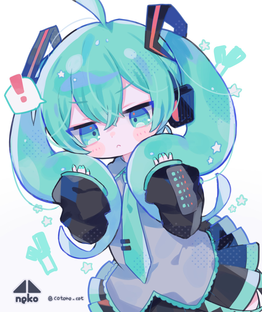 ! 1girl absurdres ahoge aqua_eyes aqua_hair aqua_necktie artist_logo black_skirt black_sleeves blush_stickers closed_mouth collared_shirt cotono_(nazekun) crossed_bangs frown grey_shirt hair_between_eyes hands_up hatsune_miku headset highres holding_own_hair long_hair miniskirt necktie pleated_skirt revision shirt skirt sleeves_past_wrists solo spoken_exclamation_mark spring_onion star_(symbol) tie_clip twintails twitter_username upper_body v-shaped_eyebrows very_long_hair vocaloid white_background