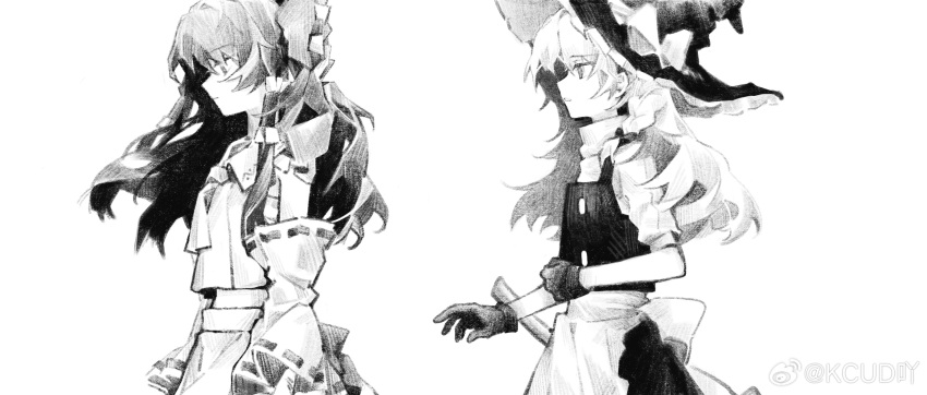 2girls apron chinese_commentary closed_mouth commentary_request cowboy_shot detached_sleeves expressionless frilled_hair_tubes frills from_side gloves greyscale hair_tubes hakurei_reimu hat hatching_(texture) highres kirisame_marisa linear_hatching long_hair looking_at_another looking_down monochrome multiple_girls parted_lips profile ribbon-trimmed_sleeves ribbon_trim shirt short_sleeves simple_background sketch sleeveless sleeveless_shirt standing touhou turtleneck vest waist_apron watermark weibo_logo white_background witch_hat worried ya17033999