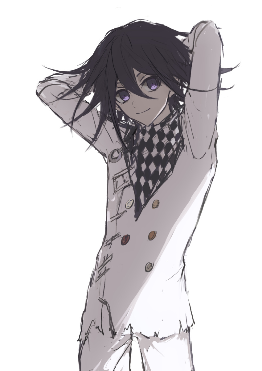 1boy absurdres arms_behind_back arms_up buttons checkered_neckerchief cowboy_shot danganronpa_(series) danganronpa_v3:_killing_harmony double-breasted flipped_hair fu_ga_(vivi912912) grey_jacket grey_pants hair_between_eyes highres jacket messy_hair neckerchief oma_kokichi pants simple_background smile solo white_background