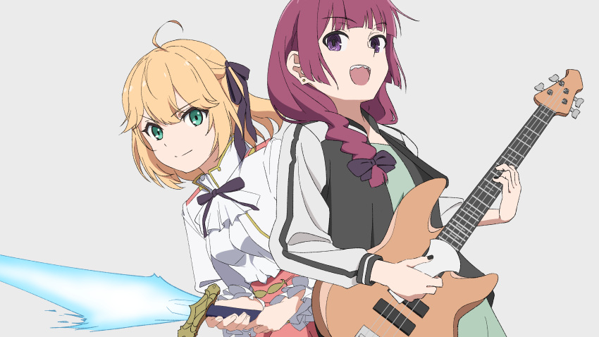 2girls :d absurdres ahoge anisphia_wynn_palettia black_bow black_nails black_ribbon blonde_hair bocchi_the_rock! bow breasts commentary daidaiyaoyao earrings glowing glowing_weapon green_eyes green_shirt hair_bow hair_ribbon highres hiroi_kikuri holding holding_plectrum holding_sword holding_weapon jacket jewelry long_hair multiple_girls playing_guitar plectrum ribbon senbongi_sayaka shirt simple_background small_breasts smile standing sword tensei_oujo_to_tensai_reijou_no_mahou_kakumei violet_eyes voice_actor_connection weapon