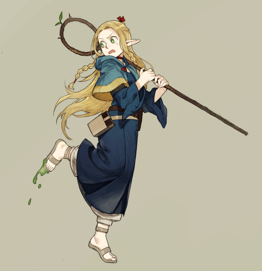 1girl belt belt_pouch blonde_hair blue_capelet blue_robe braid capelet dungeon_meshi elf full_body green_eyes hands_up highres holding holding_staff hood hood_down hooded_capelet long_hair long_sleeves marcille_donato multiple_braids open_mouth p_(pm_611a) pants pointy_ears pouch robe sandals side_braid simple_background solo staff standing standing_on_one_leg