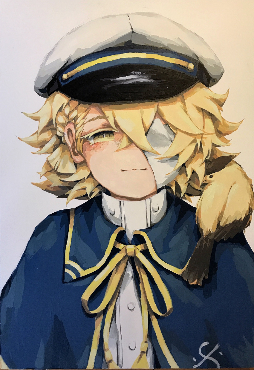 1boy absurdres animal animal_on_shoulder bandage_over_one_eye billie_x bird bird_on_shoulder blonde_hair blue_capelet buttons capelet colored_eyelashes freckles gouache_(medium) hat highres james_(vocaloid) light_blush looking_at_viewer maghni_ai messy_hair oliver_(maghni_ai) oliver_(vocaloid) painting_(medium) ribbon sailor_hat shirt short_hair simple_background smile traditional_media vocaloid white_background white_headwear white_shirt yellow_eyes yellow_ribbon
