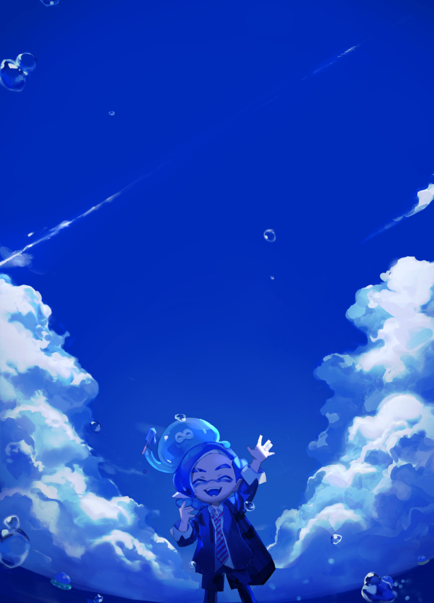 1boy :d ^_^ air_bubble arm_up bag black_shorts blue_cardigan blue_hair blue_sky bubble cardigan closed_eyes clouds cloudy_sky collared_shirt cowboy_shot eyebrow_cut fangs food highres holding holding_food holding_popsicle inkling inkling_boy inkling_player_character jellyfish_(splatoon) male_focus necktie open_cardigan open_clothes open_mouth pointy_ears ponytail popsicle scenery school_uniform shirt shorts shoulder_bag sky sleeves_rolled_up smile splatoon_(series) striped_necktie tentacle_hair waving white_shirt zzz30m