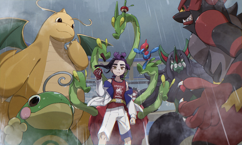 1boy black_hair clenched_hand clouds cloudy_sky commentary_request dragonite from_below frown gloves grimmsnarl hand_up highres hydrapple incineroar jacket kieran_(pokemon) knees long_sleeves looking_down male_focus multicolored_hair nanaheibei_3 off_shoulder outdoors parted_lips pokemon pokemon_(creature) pokemon_sv politoed porygon-z purple_hair rain red_gloves red_shirt shirt shorts single_glove sky sleeveless sleeveless_shirt standing tank_top two-tone_hair wet white_jacket white_shorts yellow_eyes