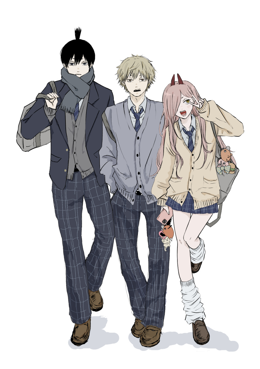 1girl 2boys absurdres bag black_hair blonde_hair brown_eyes cardigan cellphone chainsaw_man charm_(object) commentary_request denji_(chainsaw_man) diagonal-striped_clothes diagonal-striped_necktie fangs grey_eyes grey_scarf hair_over_one_eye hayakawa_aki highres holding holding_bag horns iing_naoe jacket loafers loose_necktie loose_socks miniskirt multiple_boys necktie open_mouth pants phone pink_hair plaid plaid_pants plaid_skirt pleated_skirt pochita_(chainsaw_man) power_(chainsaw_man) revision scarf school_bag school_uniform shoes skirt sleeves_past_wrists smartphone socks striped_clothes v yellow_eyes