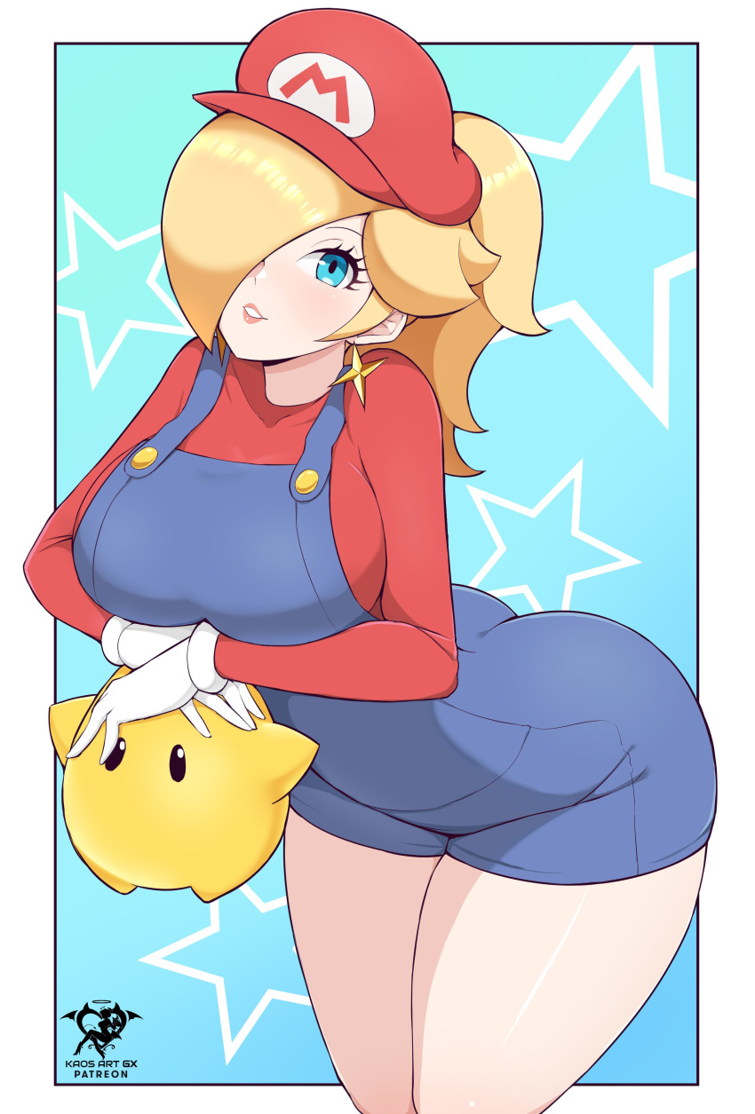 1girl absurdres aqua_background artist_logo ass blue_eyes blue_overalls breasts commentary cowboy_shot earrings hair_over_one_eye high_ponytail highres jewelry kaos_art large_breasts long_hair looking_at_viewer luma_(mario) overalls red_headwear red_shirt rosalina shirt star_(symbol) star_earrings super_mario_bros. super_mario_galaxy thighs