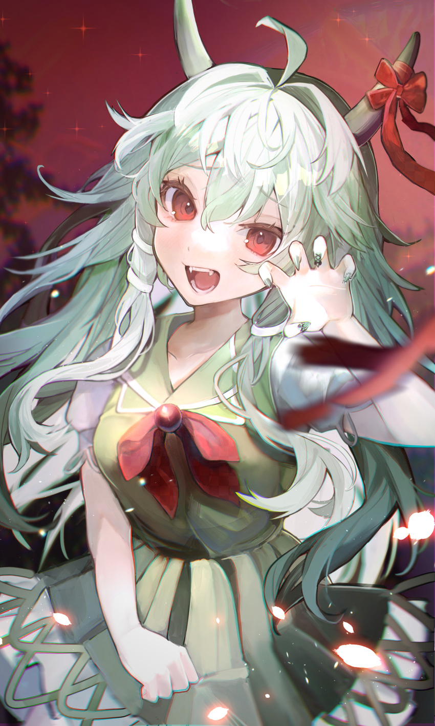 1girl absurdres ahoge blush bow collarbone dress ex-keine fangs fingernails green_dress green_hair green_nails guanylunba hair_between_eyes highres horn_bow horn_ornament horns kamishirasawa_keine long_hair nail_polish open_mouth red_bow red_eyes short_sleeves sidelocks solo touhou upper_body