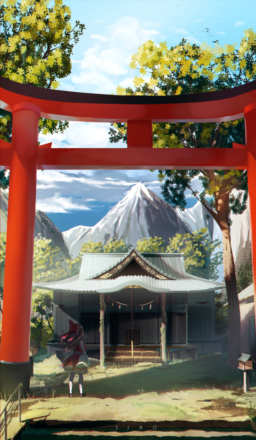 1girl absurdres blue_sky bow brown_hair clouds cloudy_sky detached_sleeves from_behind hair_bow hakurei_reimu hakurei_shrine highres lantern long_hair mountainous_horizon nontraditional_miko outdoors red_bow scenery shaoviie shrine sky solo standing sunlight torii touhou tree wide_shot wooden_lantern